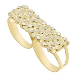 Bespoke 18k Gold-Plated Two Finger Ring Custom Fashion Jewelry with Rhodium-Plated Brass Bezel Setting Inlay