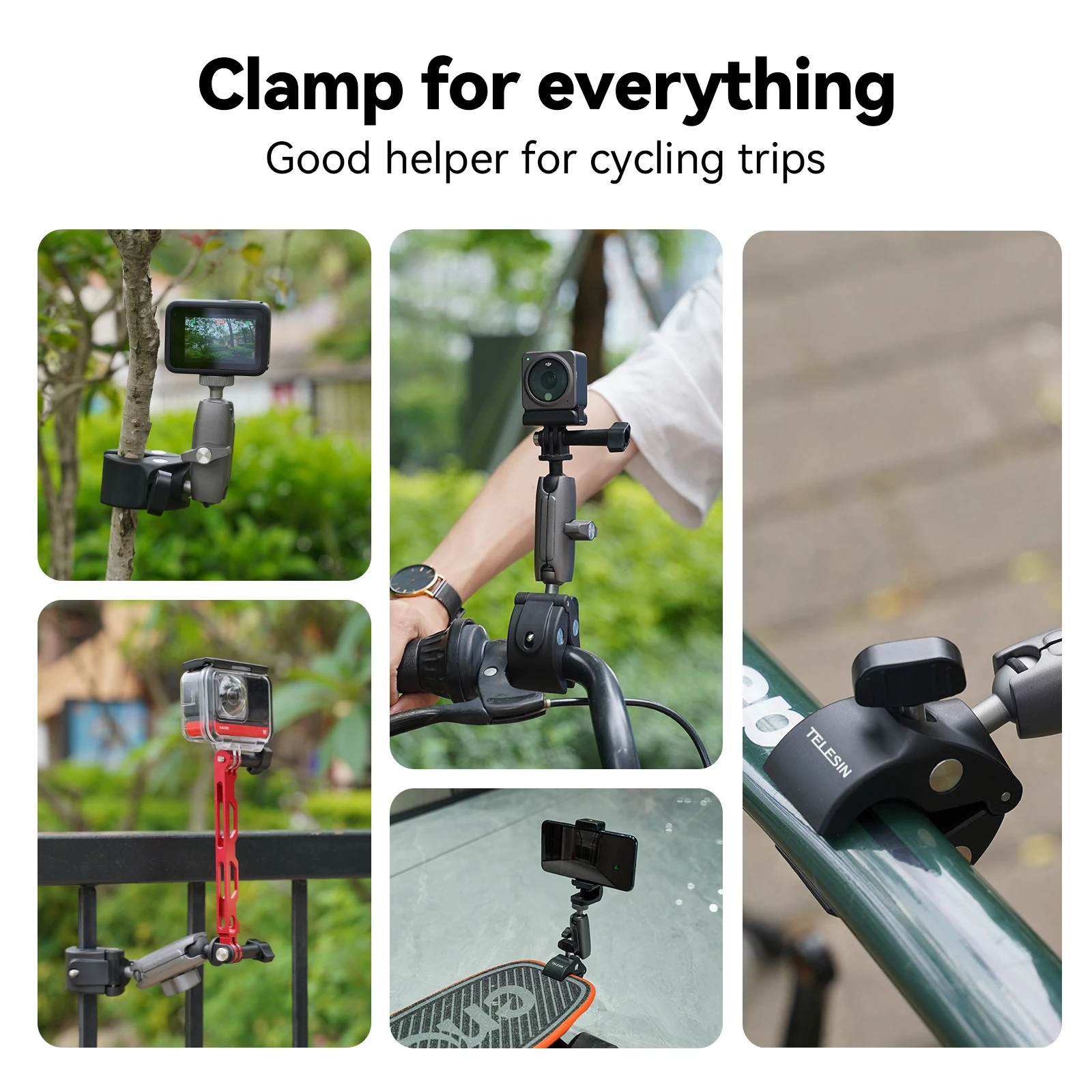 Telesin Accessories for GoPro Hero 13 12 11 10 9  DJI Action Cameras Clamp Mount with Ball Head Mount with 1/4 Thread