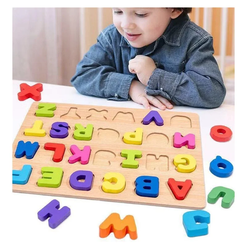 Kids Wooden Puzzle Board Chunky Blocks Toddlers Toy Capital Letters 