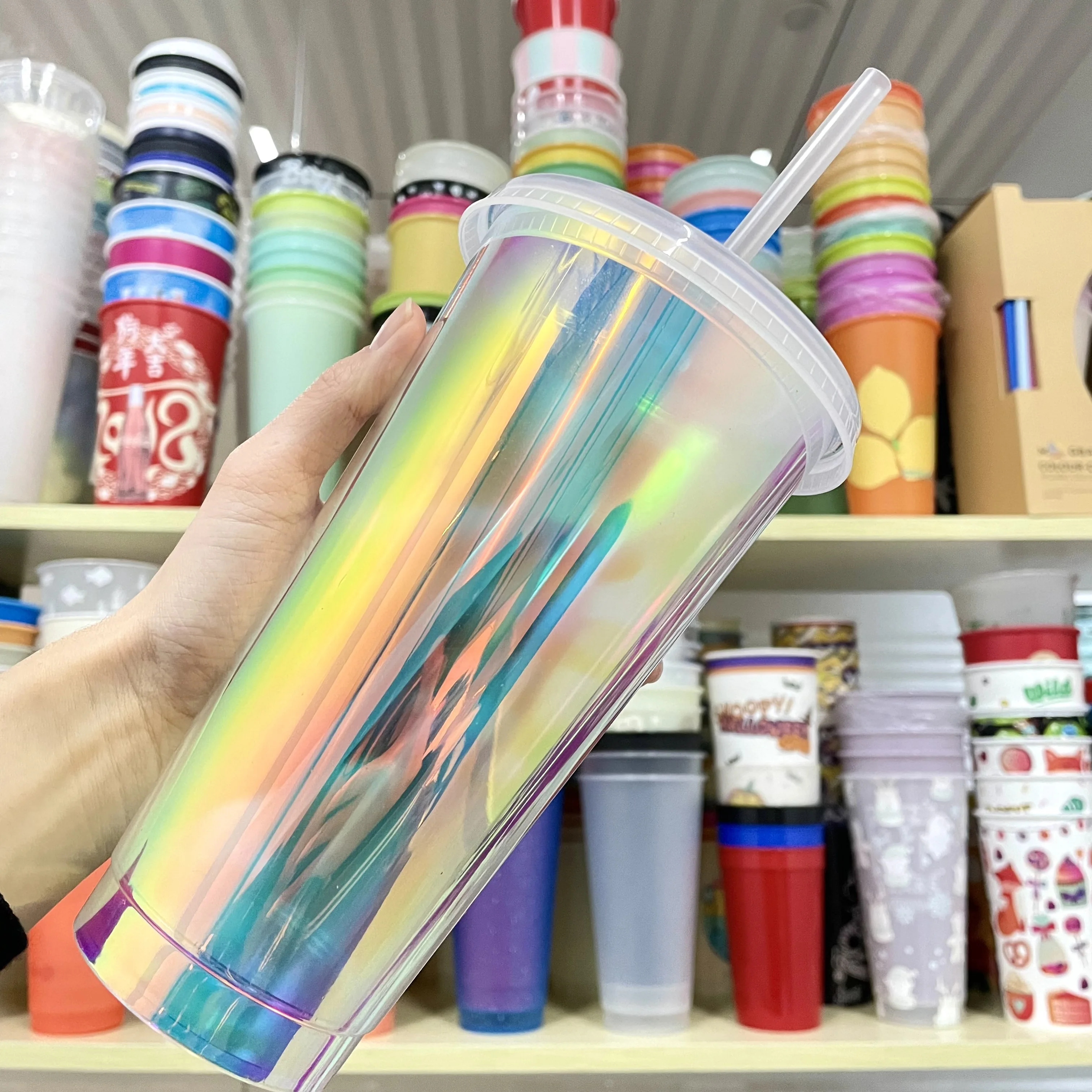 Wholesale Holographic Hologram Cup Reusable 24oz Plastic Tumbler Cold Cup with Lids and Straw