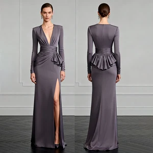 ZYHT 73914 Deep V Neck Flared Long Sleeves Floor Length Women Evening Dress Fishtail Mermaid Elegant Party Gown