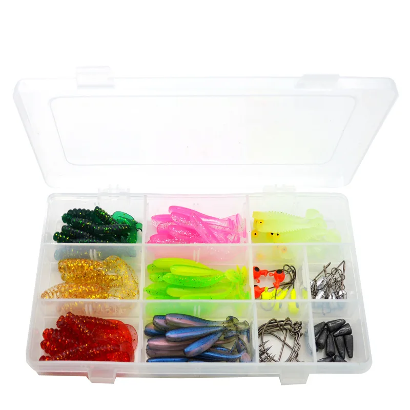 Paddle Fishing Soft Shad Lure Single Tail Worm Bait Set With Heavy Pins  117Pcs/box Lead Hook Crank Hook Fishing Tackles