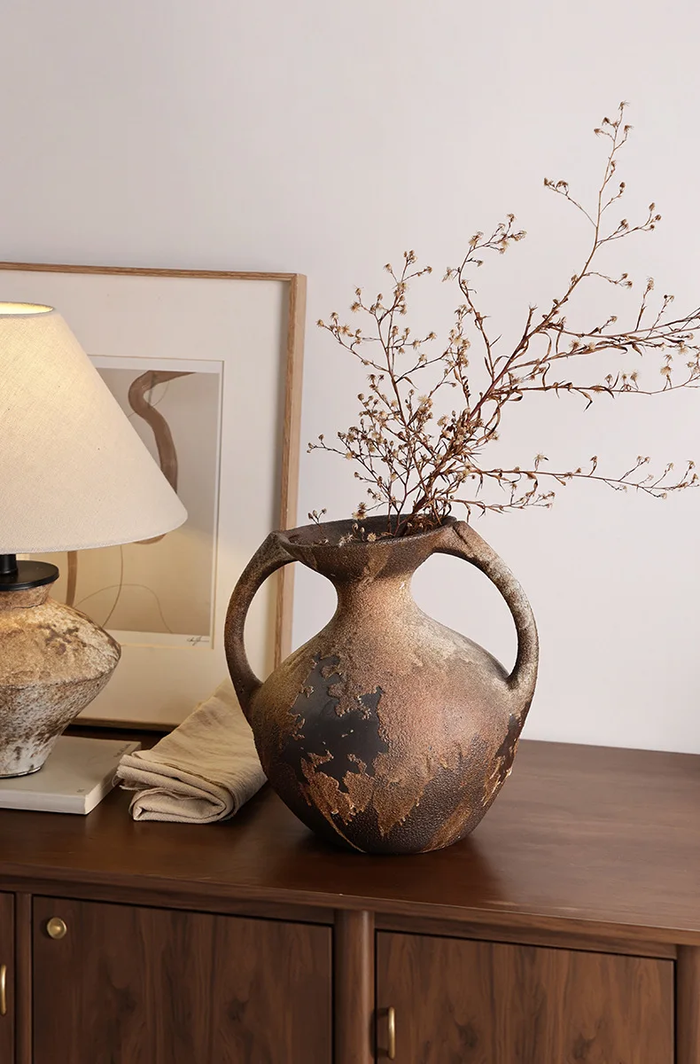 Wabi Sabi Ceramic Vase with Two Handles Rustic Brown Black Gradient Finish Vintage Style Home Decor Dried Flower Arrangement
