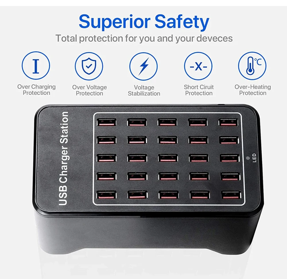 Carregador de alta potência com 30 portas USB 150W, adaptador de carregamento super rápido, multi hub USB, estação de carregamento para smartphone de mesa 150W