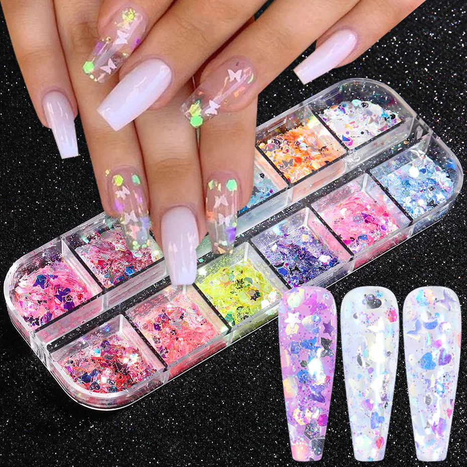 12 Grids/set Nail Sequin Pallettes Butterfly Chrome Flakes Mixed Colors ...