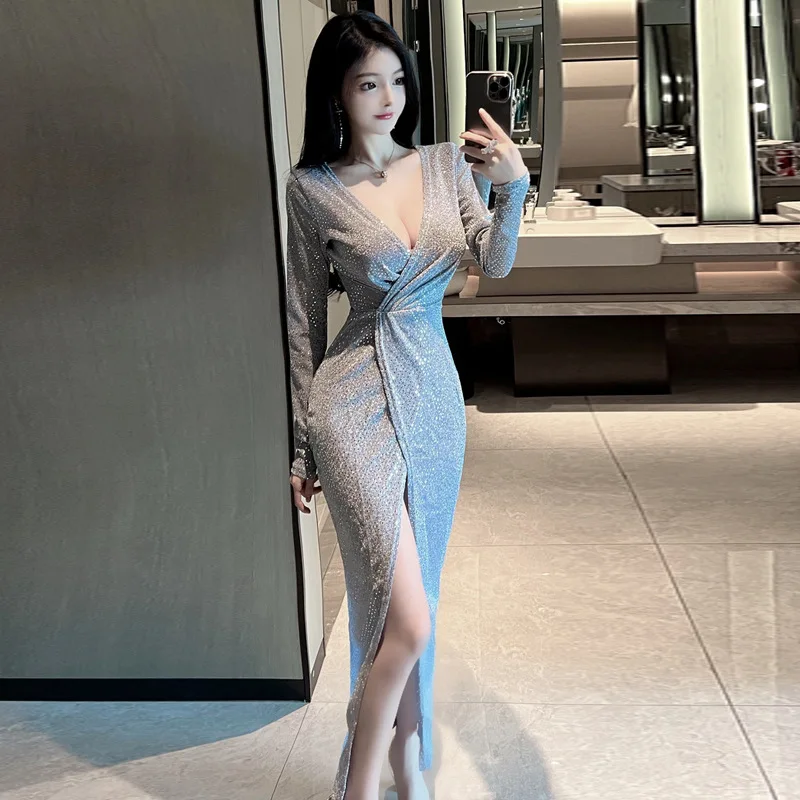 Fashion Crystal Evening Clothing Tops 2024 New Heavy Sequins V Neck High Waist Elegant Long Dress Sexy Women Party Dresses 35W9 5