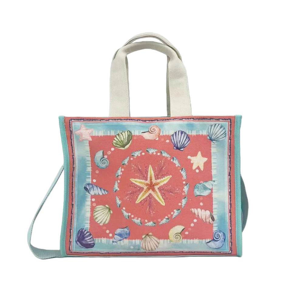 Custom Pattern Traditional Sea Beach Pattern Handbag Canvas Bag UV Printing Starfish Tote Bag for Daily Travel Shopping Bag