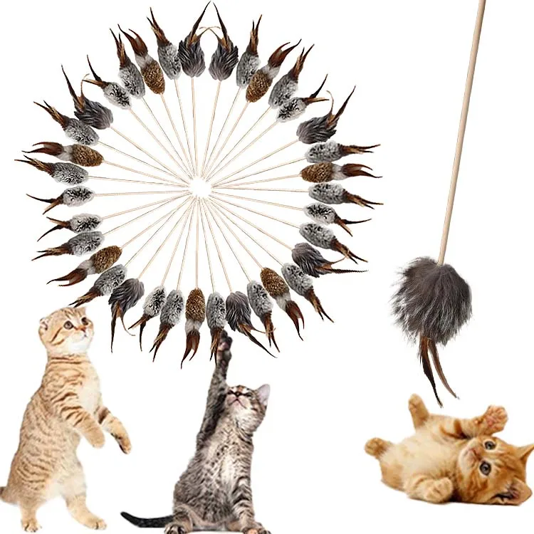 Cat Toy Raccoon Tail Ball Toy Wooden Stick Pet Toy Cat Teaser Wand