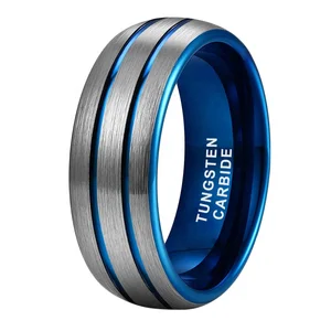 Coolstyle Jewelry 8mm Two Lines Domed Brushed Finish Blue Tungsten Carbide Ring for Men Women Fashion Engagement Wedding Band