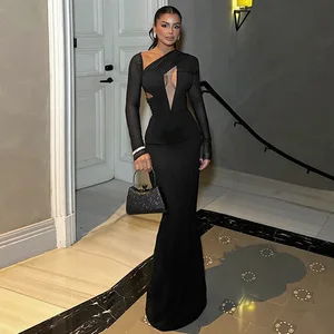 2026 Autumn New Slim A-Line Floor-Length Dress Girls European American Style Creative Slant Collar Sexy Hollow Mesh Stitching