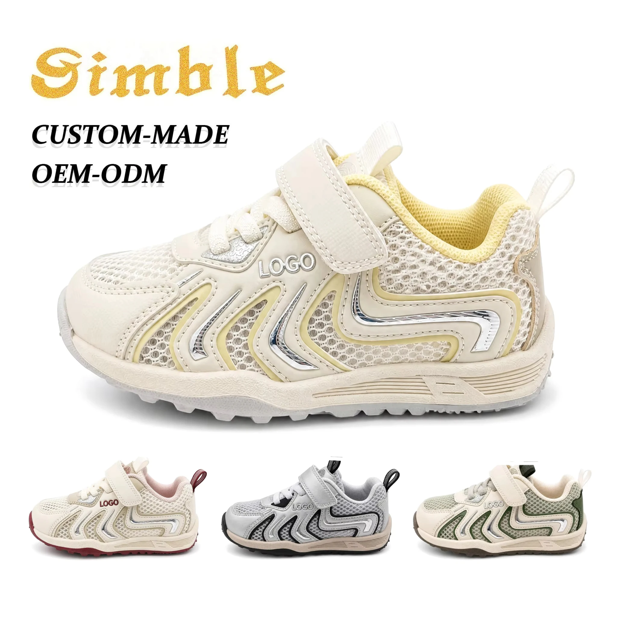 Bespoke Factory Hook and Loop Kids Casual Sneakers Mesh Fabric Hard-wearing Outsole Children Sports Shoes