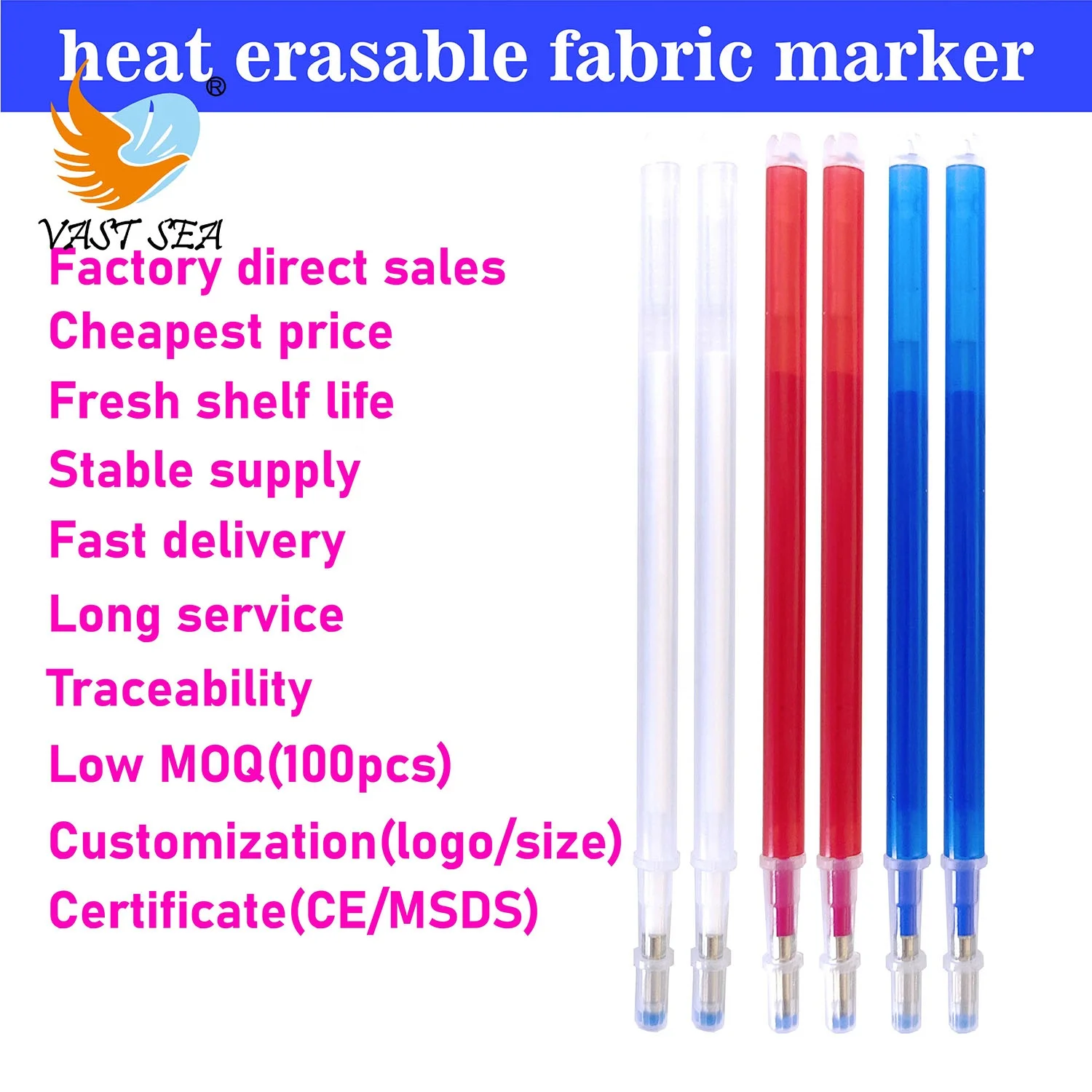 VAST SEA Factory Direct Sale Cheapest High Temperature Heat Erasable Marking Pen Refills Heat Erasable Fabric Marker Pen