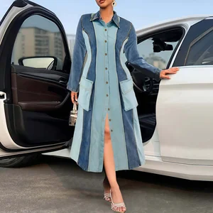 218539 Fashion Ladies Plus Size Jeans Dress Women Contrast Color Single Breasted Lapel Long Sleeve Denim Dresses for Women