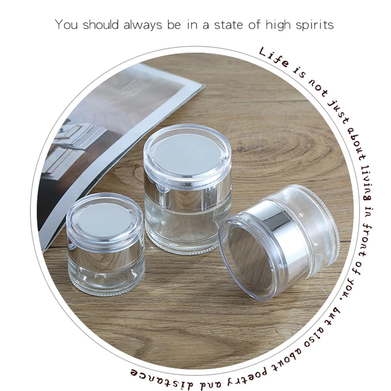 20g 30g 50g Wholesale Luxury Transparent Round Empty Glass Cream Jar na may Silver na Takip