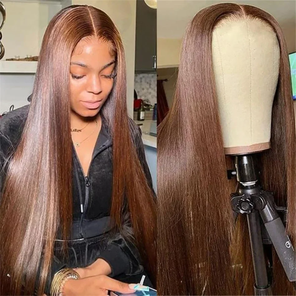 Chocolate Brown Glueless Wig HD Transparent Lace Frontal Wig Brazilian Hair Wigs Pre Plucked_voghion.com