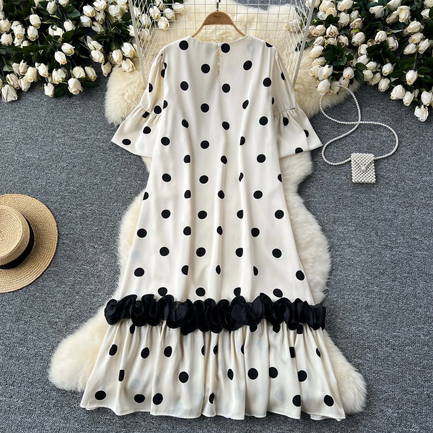 Flare Sleeve Empire Maxi Ruffled Dot Dress For Women
