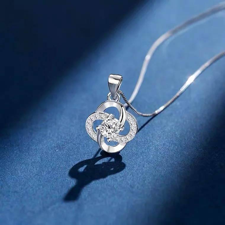 Precious Platinum 925 Sterling Silver Flower Pave Diamond Claw Setting 4 Leaf Clover Charm