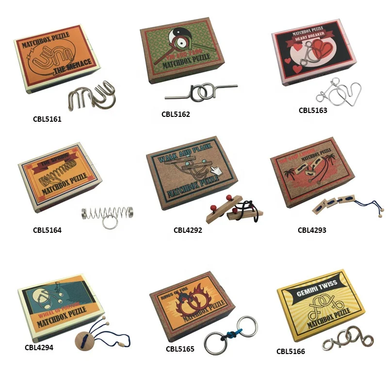 Promotion  Mini Wooden and Metal Brain Teaser Game Traditional matchbox Puzzle Rings of Fire Wire Puzzle