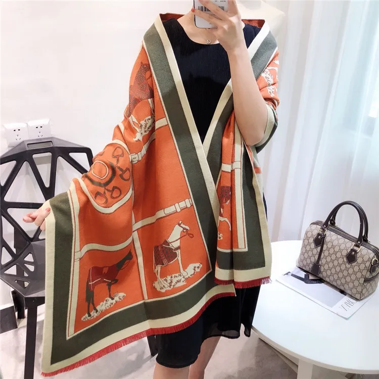 Cashmere Scarf Horse Jacquard Thickened Long Scarf Travel Camping  Air-conditioned Room Soft Warm Shawl Fashion Scarf SP395