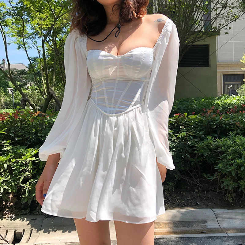 Chiffon Puff Long Sleeve Elegant Mini White Dress Ruched Satin Bustier Mini  Dresses Casual| Alibaba.com