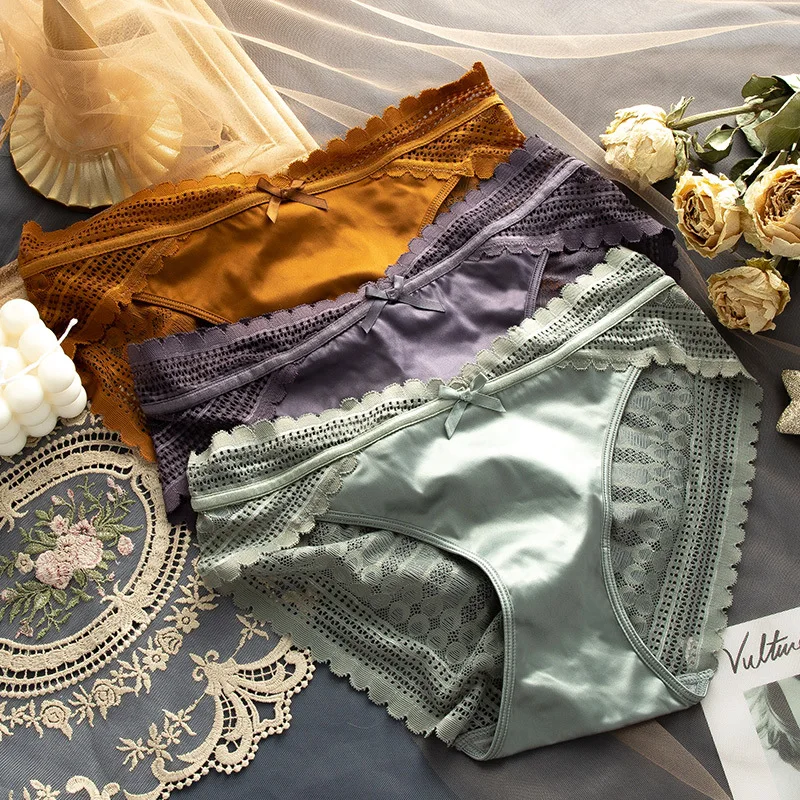 High-End Satin Lace Panties Feminine Mid-Waist