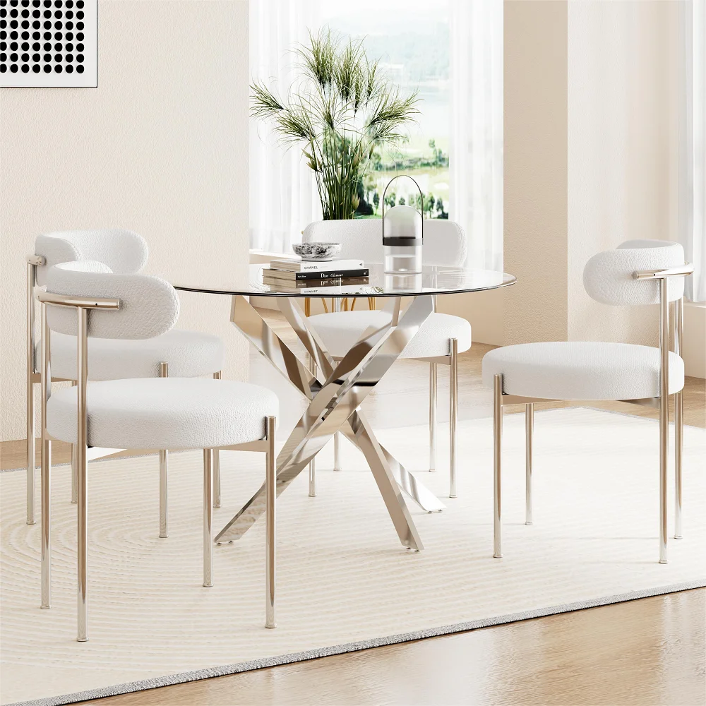 Nordic Boucle Dining Chair Chrome Legs Metal Base Round Tempered