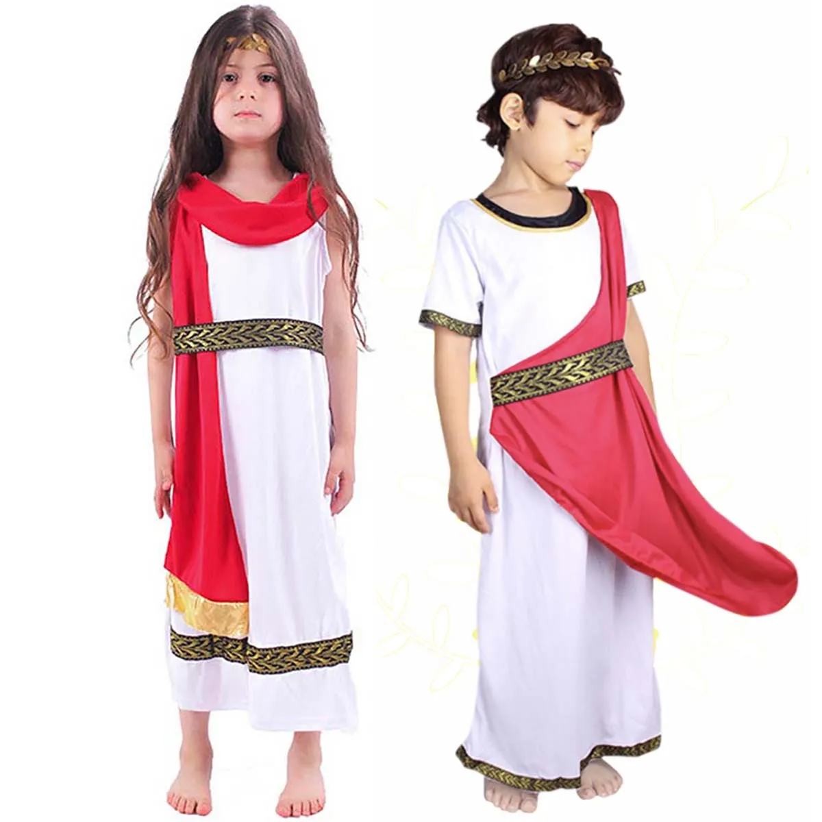 Costume Déesse Grecque Romaine Pour Fille – Robe Blanche Avec Surplis Rouge – Bandeau Laurier Et Bracelet – Tailles 4 à 12 Ans – Lito Angels