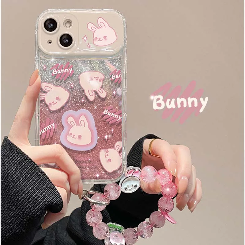 Cute Rabbit Fold Mirror Camera Stand With Bracelet TPU Mobile Phone Cover Case for Iphone 17 8 X Xr Xs 11 12 13 14 15 16 Pro Max