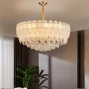 Modern French Elegant AC Pendant Lights Feather Crystal Chandeliers with Adjustable Height for Hotel Lobby Living Room Villa