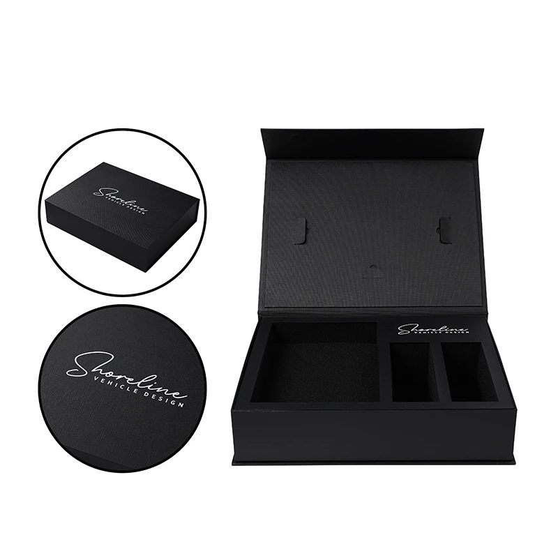Kotak Kertas Hadiah Rigid Penutup Magnetik Hitam Kustom dengan Bantalan Busa Kustom & Pencetakan Logo untuk Kosmetik dan Parfum