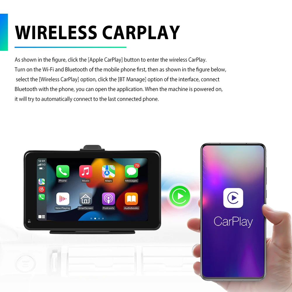 Podofo 7'' Portable Car Radio Stereo Autoradio Wireless Carplay Android Auto Wifi BT Touch Screen Smart Monitor Tablet TV