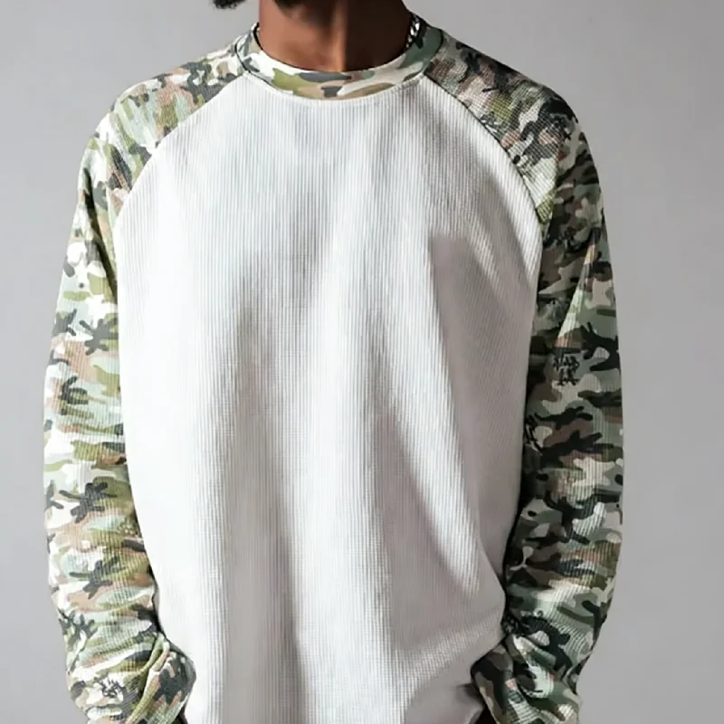 Streetwear Custom Oversized Cotton Color Block Camo Camouflage Tee Tshirt Waffle Long Sleeve t Shirt for Men gallery 7