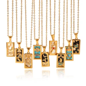 MW New Fashion Vintage Star Sun Pendant Jewelry Stainless Steel 18k Gold Plated Rectangular Enamel Zircon Tarot Necklace