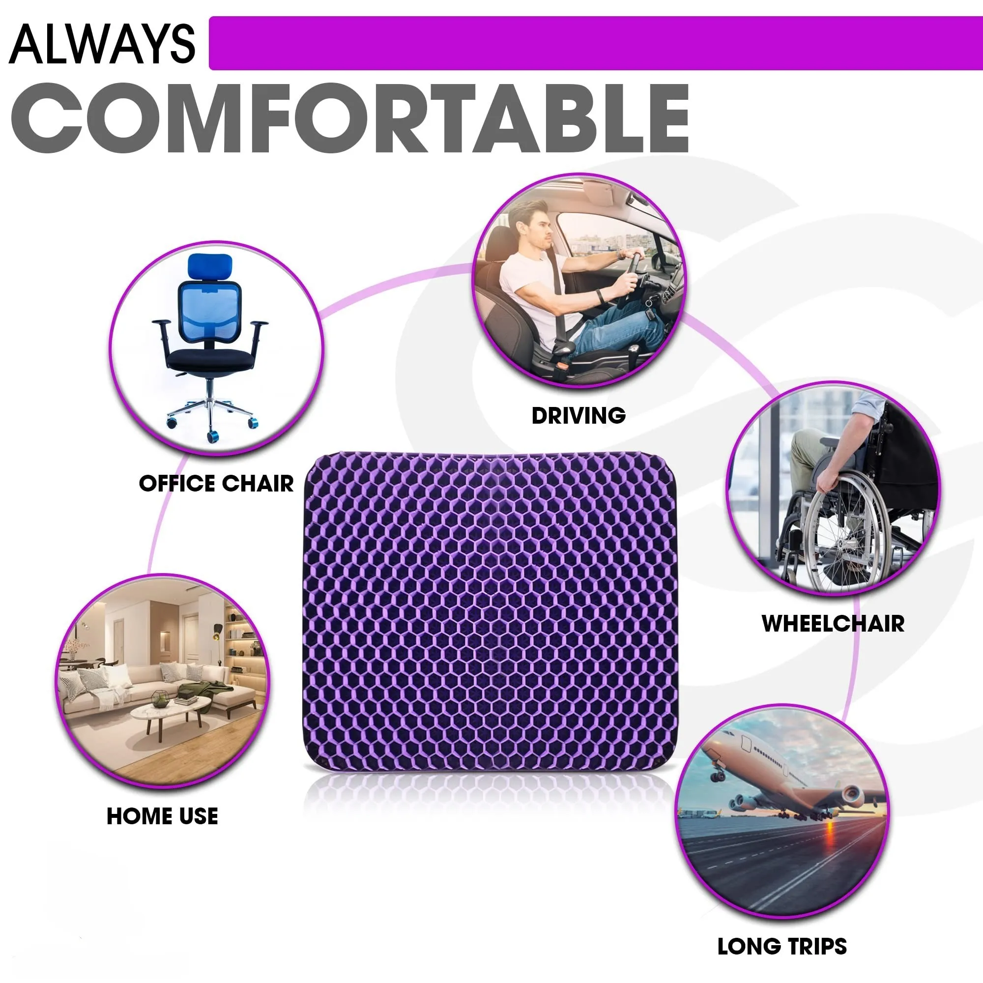 TPE Planets Large VIOLET Gel Seat Cushion for Long Sitting Car Seat Cushion and Office Chair Cushion for Back Sciatica Hip