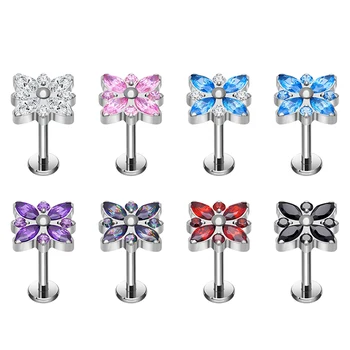 ASTM F136 Titanium Stud Piercing 16G Butterfly Floral Style Ear Studs Zircon Earrings Tragus Helix Lobe Fashion Piercing Jewelry
