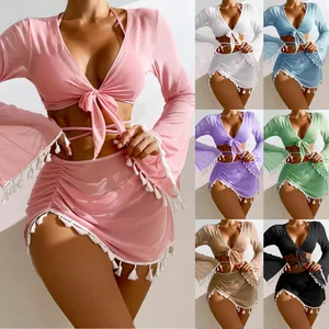 Solid Color Four Piece Bikini Set with Mesh Mini Skirt Tassel Kimono and Matching Two Piece Swimsuit for Women