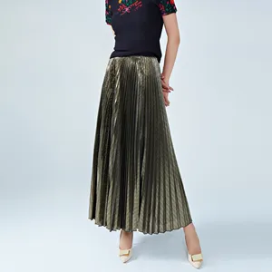 2025 New Women's Metallic Pleated Skirt Shiny Polyester Draped Silhouette Loose Fit Flared Midi Skirt