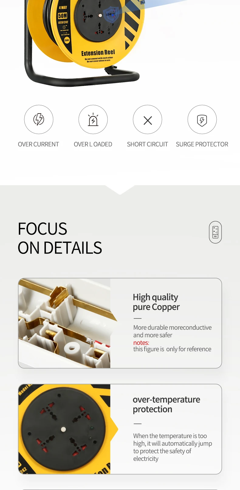 50m Retractable Extension Cable Reels Industrial Outdoor Electric