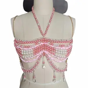 Dropshipping Wholesale Luxury Clothing Party Club pink Bra Candy Color Beaded Top Bralette Body Chains