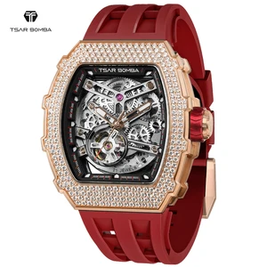 For TSAR BOMBA Skeleton Analog Wristwatch for Men Sapphire Waterproof Automatic Miyota Movement Tonneau Case Rubber Band