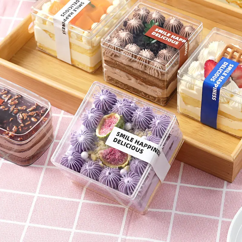 Wholesale Custom Mousse Plastic Jelly Mini Dessert Cups Clear PET Plastic Cake Box Disposable Transparent Square Dessert Cups