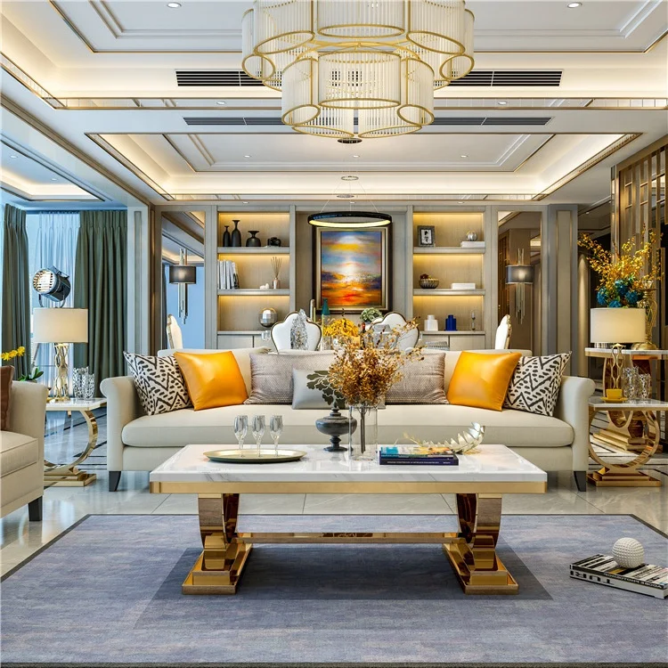 Журнальный столик для гостиной с золотистой рамой из нержавеющей стали мраморный стол Диванный и ТВ-подставка набор