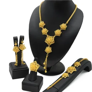 Indian Gold Plated Jewelry Set for Women African Bridal 24K Gold Color Necklace Earrings Set Dubai Nigerian Wedding Wholesale