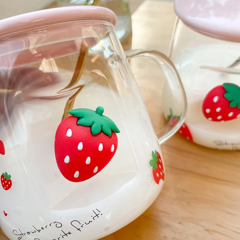 JHNIF 10 Oz Lovely Strawberry Clear Glass Mug with Lid and Straw.