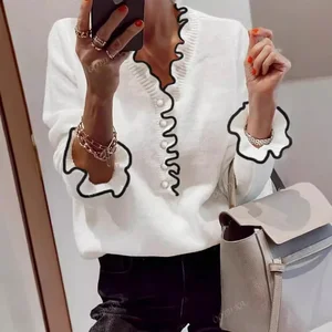 Autumn Women's Korean-Style Long-Sleeved Rib Top with New Design Knitted Front Lace Versatile Sweater