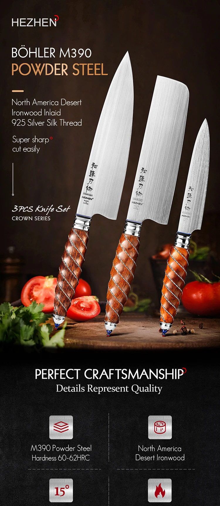 High Quality Kitchen Chef Knife Set M390 Powder Steel With Luxury Desert  Ironwood Handle Super Sharp Kitchen Knives Gift - Buy High Quality Kitchen  Chef Knife Set M390 Powder Steel With Luxury