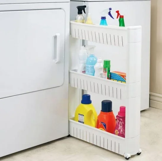 3-Tier Slim Storage Rack Narrow Space Organizer with Wheels for Bathroom & Kitchen Removable Corner Shelf in Plastic