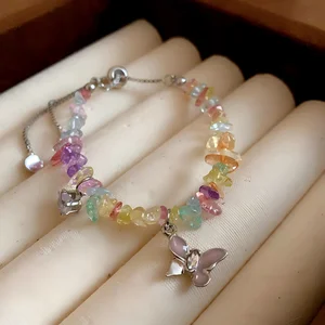 Colorful Natural Stone Chip Bracelet with Butterfly Charm Adjustable Crystal Beaded Bracelet for Women Bohemian Jewelry