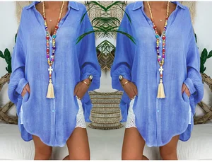 Lady's Summer Cardigan Casual Dress Long Sleeve Cotton Linen Plus Size 5XL Solid Loose Beach Blouses Midi Button Anti-Static