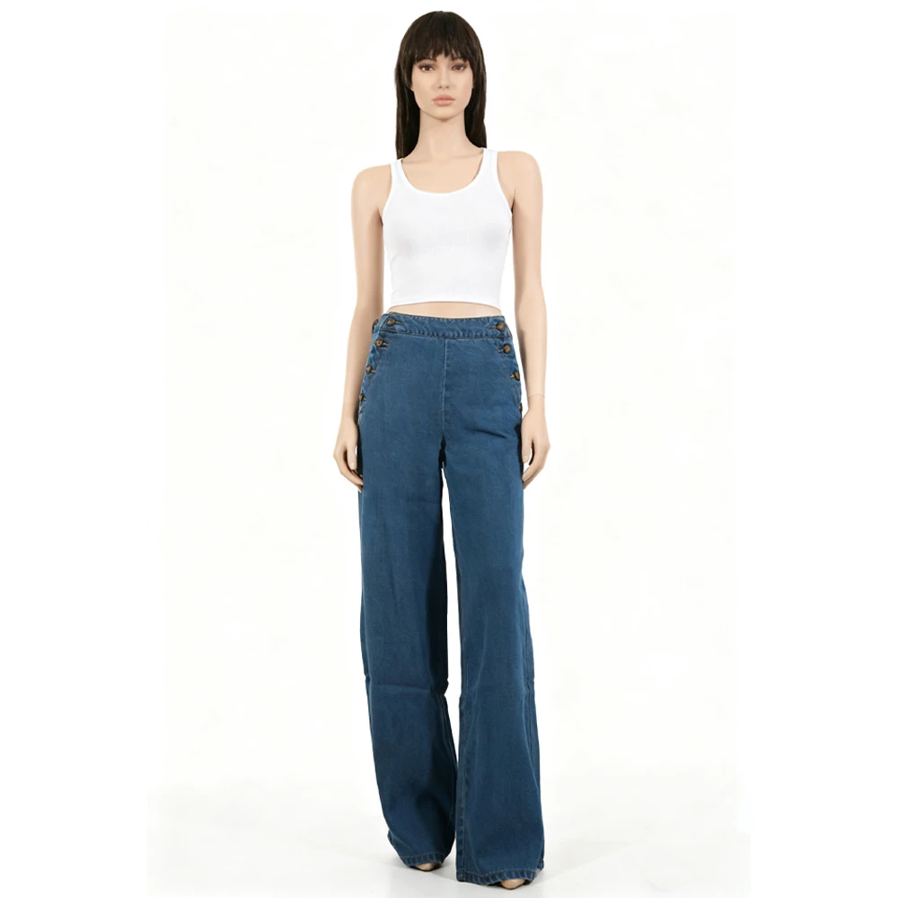 High-waist Casual Denim Trousers Featuring Trendy Pleated Flared Jeans